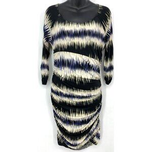 GUESS Womens Dress Size Medium Black Ivory Stripe 3/4 Sleeve Ruched Scoop Sheath